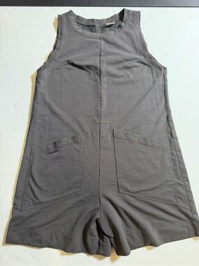 XIEERDUO Sleeveless Gray Brown Cotton Romper with Front Pockets